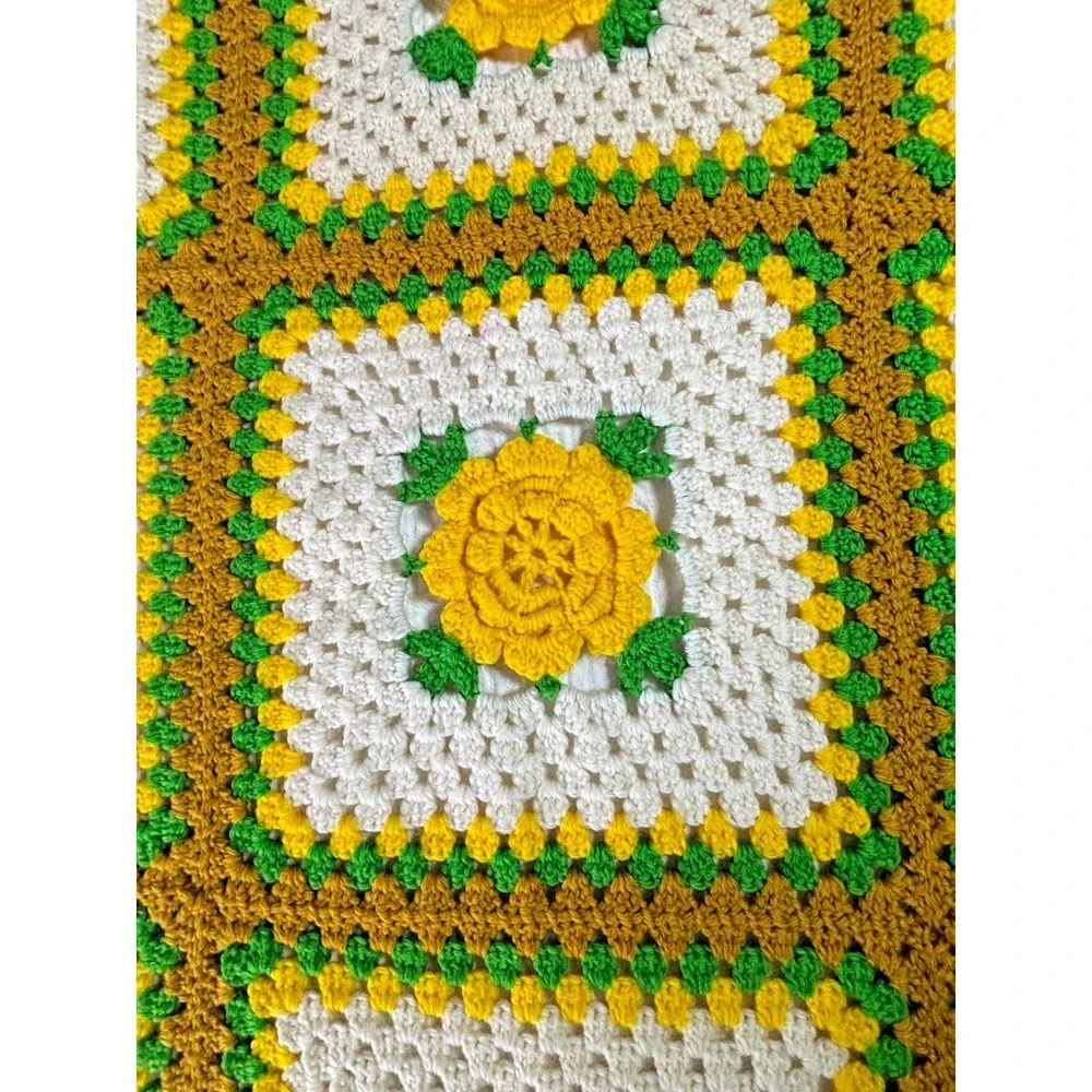 Vintage 70s Hand Crooked Granny Square Afghan Blanket 3D Yellow Flower Rose 48x7